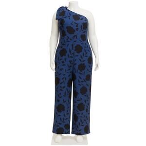 Kate Spade Jumpsuit Size 17 Navy Black Floral One Shoulder Wide Leg Bow Tie